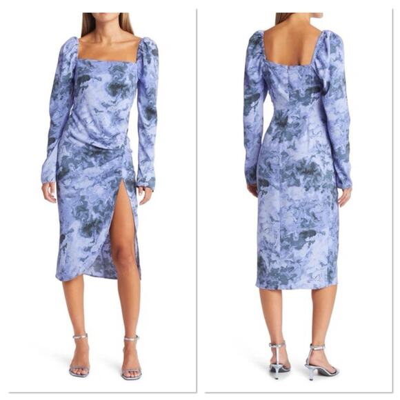 New Open Edit‎ Marbled Long Sleeve Midi Dress Blue Geode Slit Puff Sleeve Size S - Picture 2 of 11